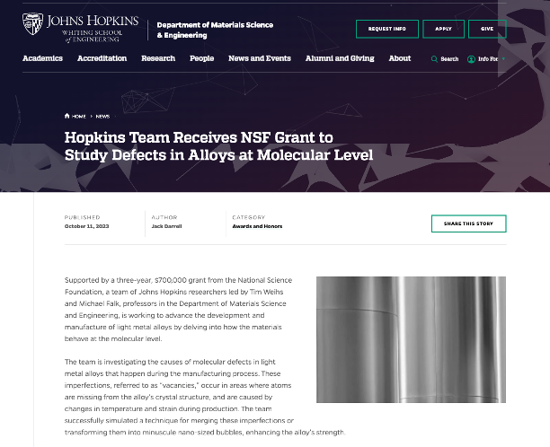 NSF grant article screenshot